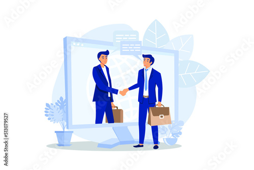 online conclusion of the transaction. the opening of a new startup. business handshake, via phone and laptop. flat design modern illustration