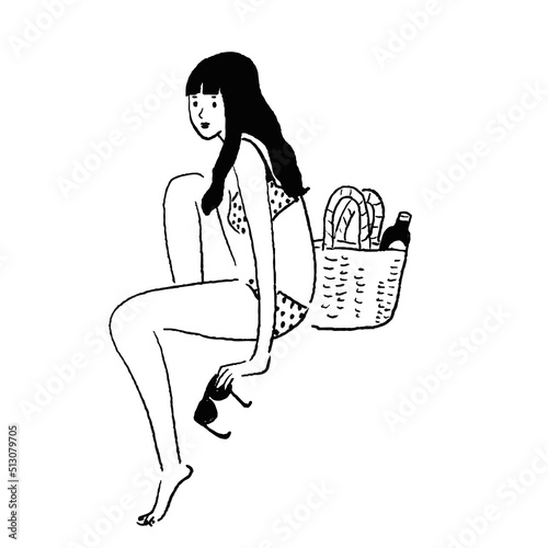 女性　水着　夏　ビーチ　海　座る　線画