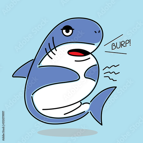 Vector illustration of a character shark grabbing a full stomach and burping