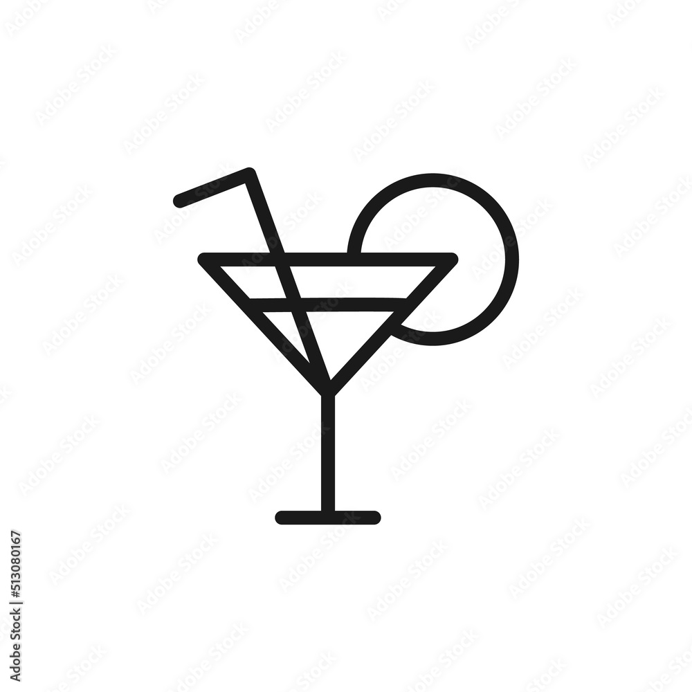 Summer cocktail signs. Vector symbol drawn in flat style with black line. Perfect for adverts, web sites, cafe and restaurant menu. Icon of swizzle stick and slice of fruit in cocktail glass Summer cocktail signs. Vector symbol drawn in flat style with black line. Perfect for adverts, web sites, cafe and restaurant menu. Icon of swizzle stick and slice of fruit in cocktail glass
