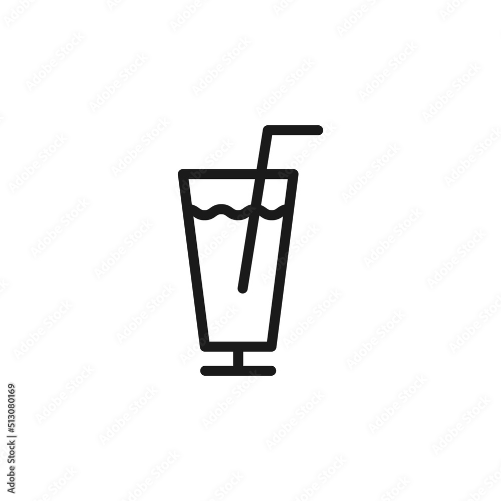 Summer cocktail signs. Vector symbol drawn in flat style with black line. Perfect for adverts, web sites, cafe and restaurant menu. Icon of swizzle stick in big straight glass for beach cocktails