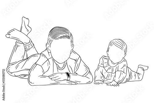 Happy family sibling daughter and son love kids friends baby children younger brother and sister line art hand drawn style