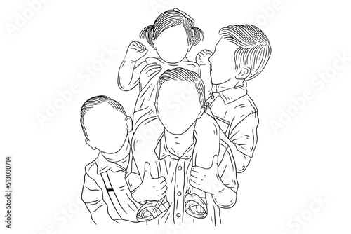Happy family sibling daughter and son love kids friends baby children younger brother and sister line art hand drawn style
