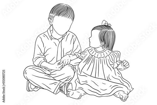 Happy family sibling daughter and son love kids friends baby children younger brother and sister line art hand drawn style