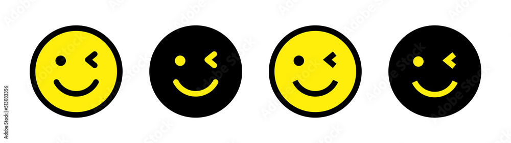 Fototapeta premium Winking eye with smiley face icon set. Wink emoticon vector illustration. Emoticon logo of a face and one eye blinking. New fashionable and trendy styles of smiley. 