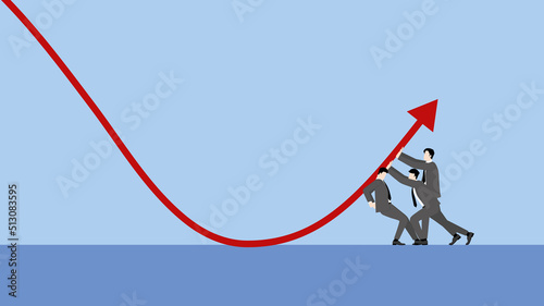 A minimal style of a red down graph of the financial crisis, economic downturn, inflation, recession, failure, bankruptcy, and crisis concept. Businessmen team push up decrease business chart diagram.