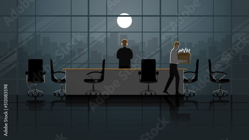 A depressed and stressed businessman, an employee holds a box leaving from the office meeting room. Fired and losing a job, unemployment, financial crisis, economic downturn, jobless, lay off concept.