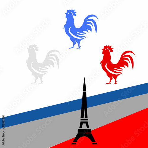 Rooster isolated on white background happy bastille day france.