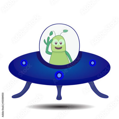 Blue Ufo and alien character waving hand