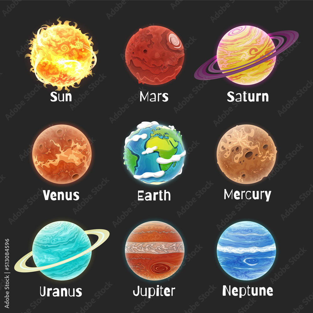 Set of cartoon planets. The solar system.