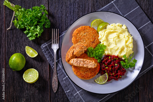 salmon patty with potato mash and beetroot salad