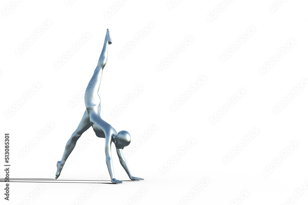 3D render of a silver bald female gymnast on a white background doing a handstand. 3D render of a silver bald female gymnast on a white background doing a handstand.