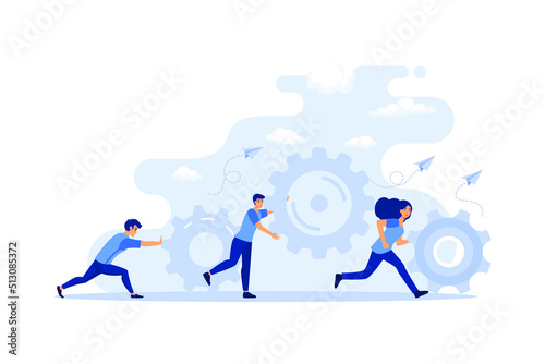 people are engaged in business promotion, strategy analysis, communication. little people links of mechanism. flat design modern illustration