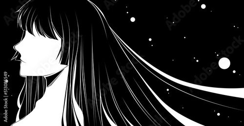 women illustration black and white, long hair, Japan style, Hime cut hair style.