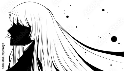 women illustration black and white, long hair, Japan style, Hime cut hair style.