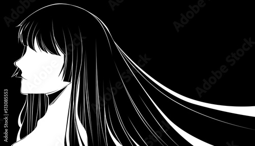 women illustration black and white, long hair, Japan style, Hime cut hair style.