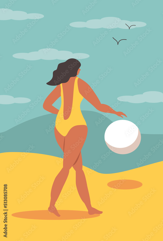 vector illustration in flat style - tanned girl in swimwear plays ball on the beach
