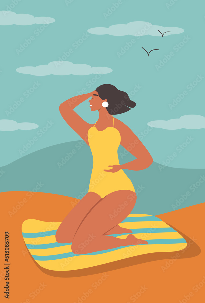 vector illustration in a flat style - a beautiful girl in swimwear is sunbathing on the beach