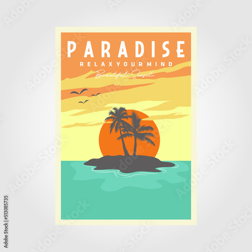 paradise sunset beach poster, Palm Tree and Water Wave vector design illustration