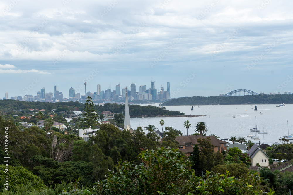 Ocean and Sydney city skyline view of the Gap walk at Vaucluse, Watsons Bay to Hornby Lighthouse walk, Sydney Australia
