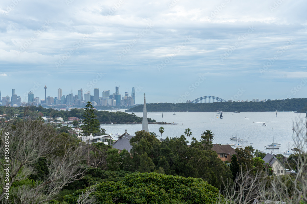 Ocean and Sydney city skyline view of the Gap walk at Vaucluse, Watsons Bay to Hornby Lighthouse walk, Sydney Australia