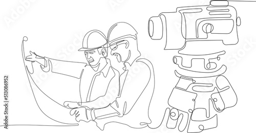 Close up of young Caucasian worker with helmet on head using tablet for work while standing in warehouse. Surveyor with a tripod icon. Geodesic tripod. Vector illustration