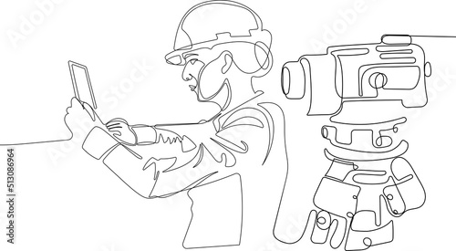 Close up of young Caucasian worker with helmet on head using tablet for work while standing in warehouse. Surveyor with a tripod icon. Geodesic tripod. Vector illustration