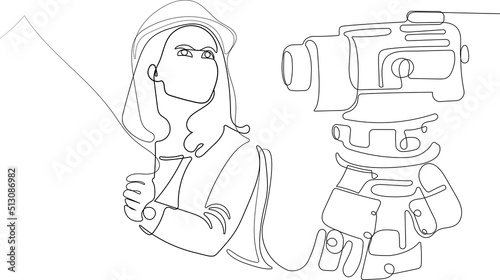 Close up of young Caucasian worker with helmet on head using tablet for work while standing in warehouse. Surveyor with a tripod icon. Geodesic tripod. Vector illustration