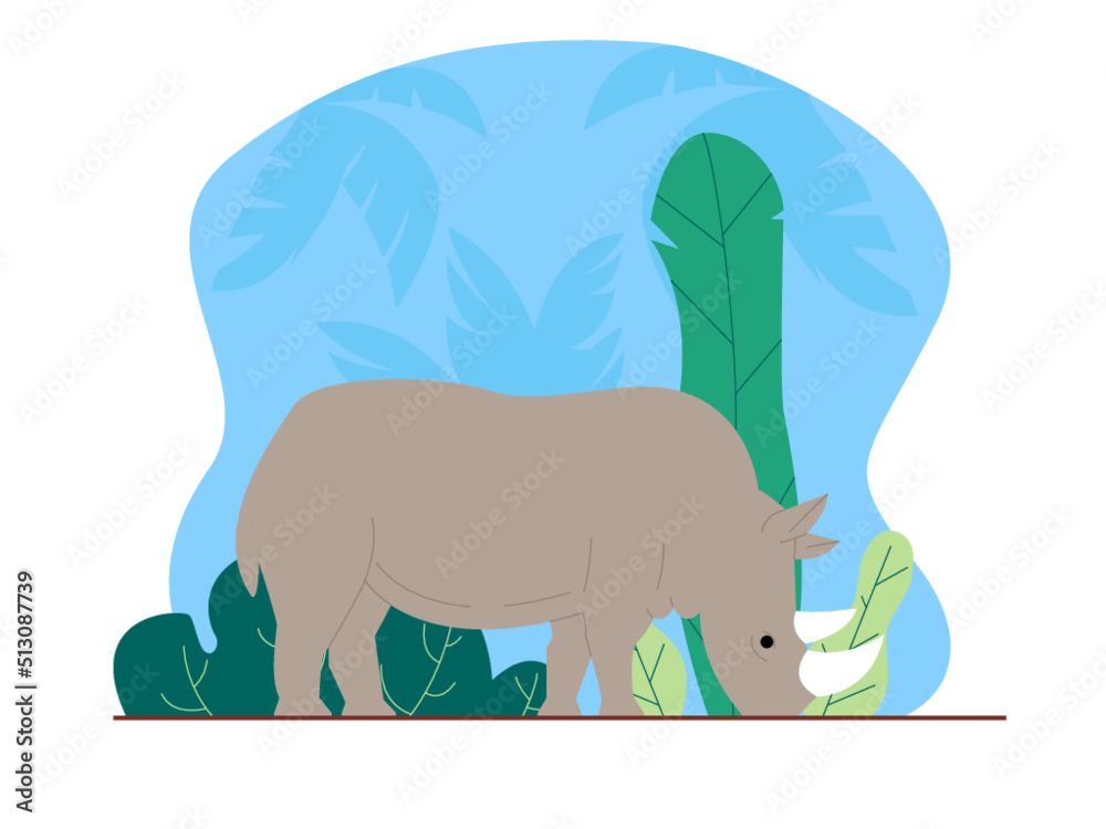 Obraz premium Rhino in jungle. Animal and jungle theme. Jungle vector illustration. 