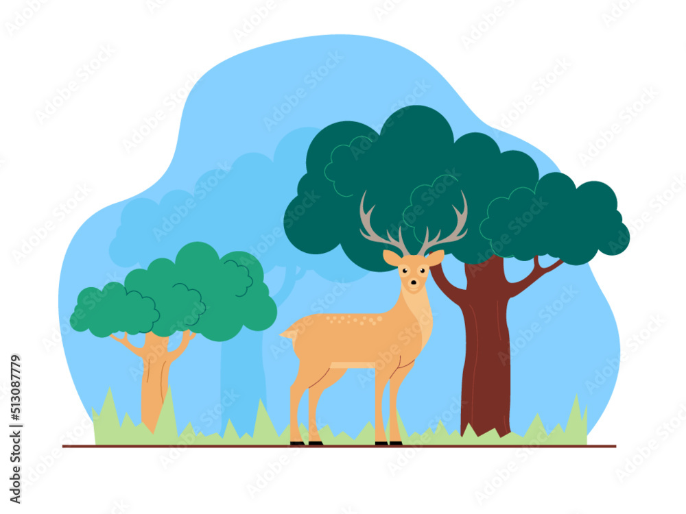 Deer in jungle. Animal and jungle theme. Jungle vector illustration. 