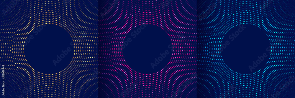 Set of abstract pink, blue, green, golden glowing light dot glitter radial pattern on dark blue background. Collection of illuminate dots halftone. Futuristic technology concept. Vector illustration