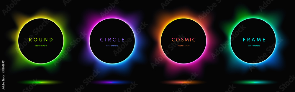 Blue, red-purple, green illuminate light frame collection design. Abstract cosmic vibrant color circle border. Top view futuristic style. Set of glowing neon lighting isolated on black background. - obrazy, fototapety, plakaty 