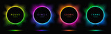 Blue, red-purple, green illuminate light frame collection design. Abstract cosmic vibrant color circle border. Top view futuristic style. Set of glowing neon lighting isolated on black background.