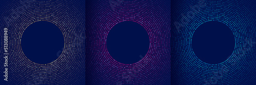 Set of abstract pink, blue, green, golden glowing light dot glitter radial pattern on dark blue background. Collection of illuminate dots halftone. Futuristic technology concept. Vector illustration