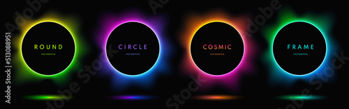 Blue, red-purple, green illuminate light frame collection design. Abstract cosmic vibrant color circle border. Top view futuristic style. Set of glowing neon lighting isolated on black background. photo