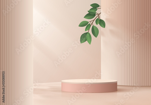 Realistic pink 3D cylinder pedestal podium with beige pillar and green leaf background. Vector luxury geometric forms. Abstract minimal scene for mockup products, stage showcase, promotion display. photo