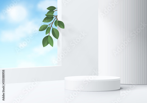 Realistic white 3D cylinder pedestal podium with blue sky and green leaf background. Vector luxury geometric forms. Abstract minimal scene for mockup products, stage showcase, promotion display.