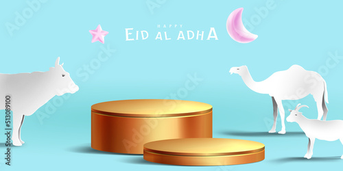 Eid al adha islamic decoration display podium background with goat, camel , cow , moon and star . Product showcase for ramadan kareem, mawlid, eid al fitr, muharram