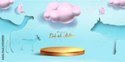 Eid al adha islamic decoration display podium background with goat, camel , cow , moon and star . Product showcase for ramadan kareem, mawlid, eid al fitr, muharram