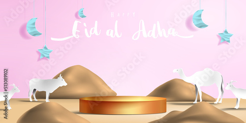 Eid al adha islamic decoration display podium background with goat, camel , cow , moon and star . Product showcase for ramadan kareem, mawlid, eid al fitr, muharram