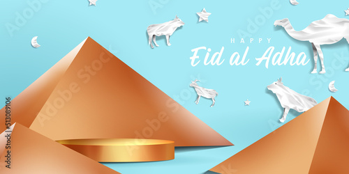 Eid al adha islamic decoration display podium background with goat, camel , cow , moon and star . Product showcase for ramadan kareem, mawlid, eid al fitr, muharram