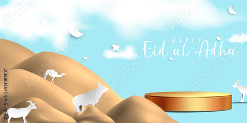 Eid al adha islamic decoration display podium background with goat, camel , cow , moon and star . Product showcase for ramadan kareem, mawlid, eid al fitr, muharram