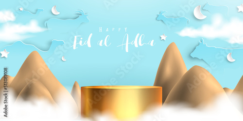 Eid al adha islamic decoration display podium background with goat, camel , cow , moon and star . Product showcase for ramadan kareem, mawlid, eid al fitr, muharram