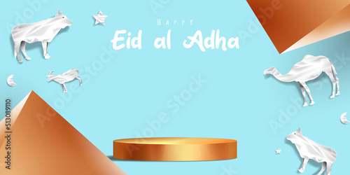 Eid al adha islamic decoration display podium background with goat, camel , cow , moon and star . Product showcase for ramadan kareem, mawlid, eid al fitr, muharram