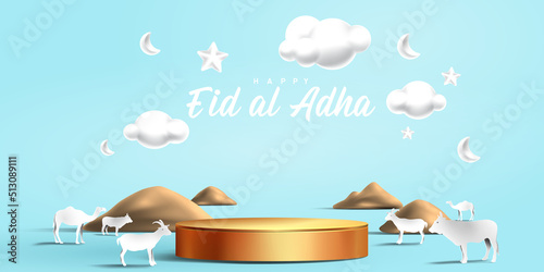 Eid al adha islamic decoration display podium background with goat, camel , cow , moon and star . Product showcase for ramadan kareem, mawlid, eid al fitr, muharram