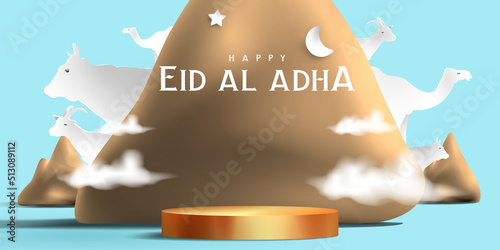 Eid al adha islamic decoration display podium background with goat, camel , cow , moon and star . Product showcase for ramadan kareem, mawlid, eid al fitr, muharram
