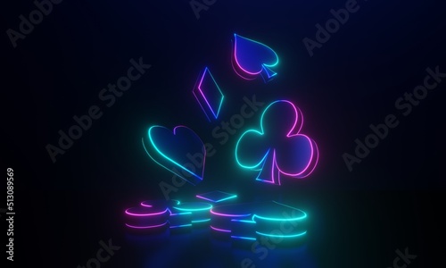 Playing cards symbols with neon glow on black background - 3d illustration
