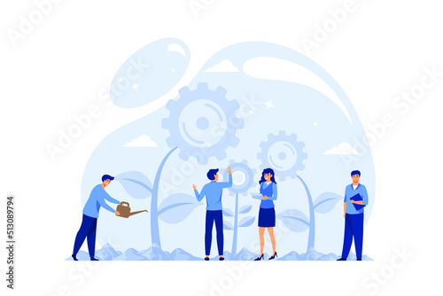 Flat vector illustration, teamwork on finding new ideas, little people launch a mechanism, search for new solutions, creative work vector. flat design modern illustration