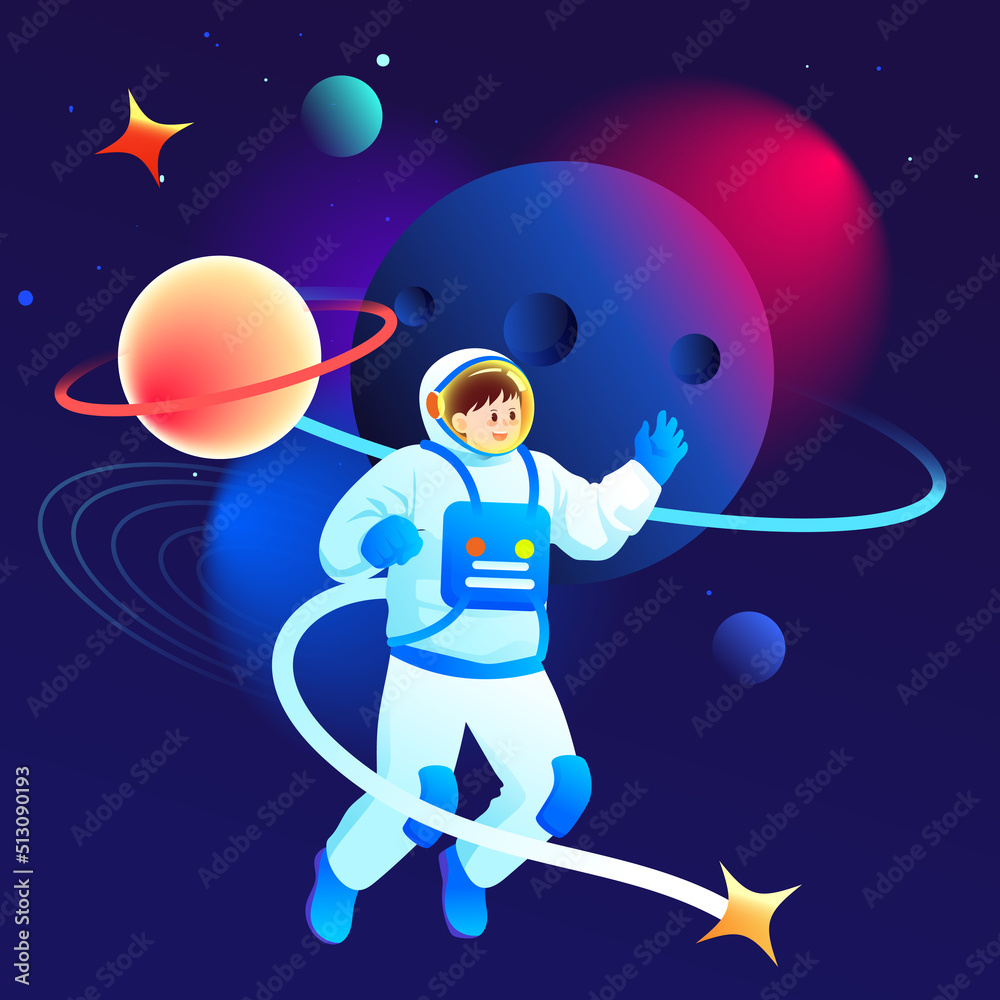 Naklejka premium Astronaut is exploring space with universe and planets in the background, vector illustration