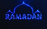 Ramadan Kareem, starred text. Blue neon lights, constellation style in space.